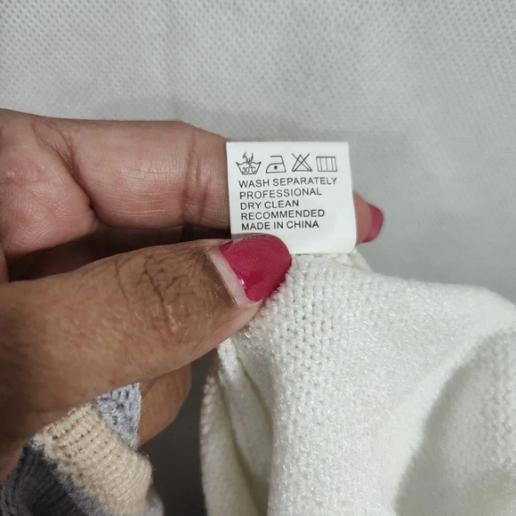 White Grey Tan Colorblock Knit Sweater Boxy Oversize Women Size L Bubble Sleeve - Picture 6 of 6